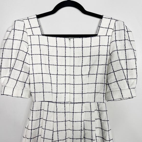Gal Meets Glam Size 0 White Navy Blue Dawn Windowpane Dress Puff Sleeves Button - Picture 12 of 16